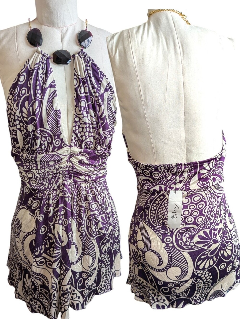Rare SKY Silk JEWELED Prince Purple Paisley Print Peepshow PLUNGE Halter NWT L